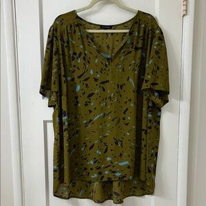 Pleione Olive and Blue Patterned Blouse